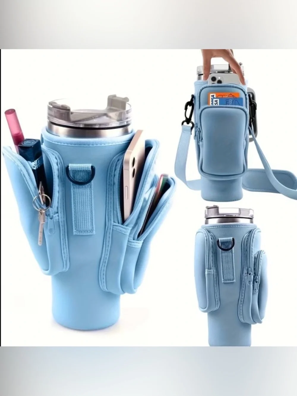 Water Bottle Carrier with Crossbody Strap and Zippered Pockets - Picture 1 of 10